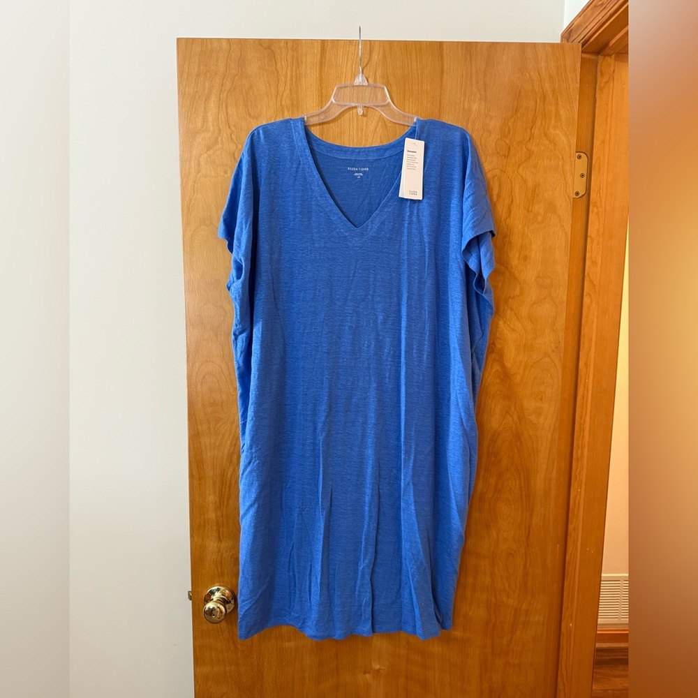 Eileen Fisher Organic Linen Jersey Dress V-Neck Knee Length Bluebell Blue Large